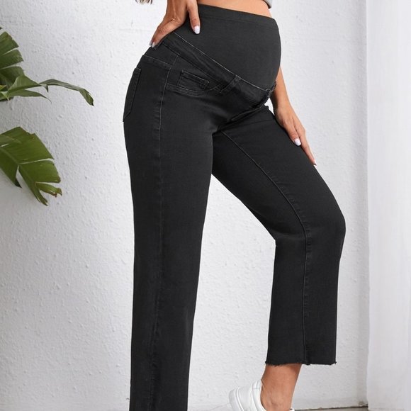 . Pants - Black Casual Womens Maternity Wideband Waist Raw Hem Jeans
